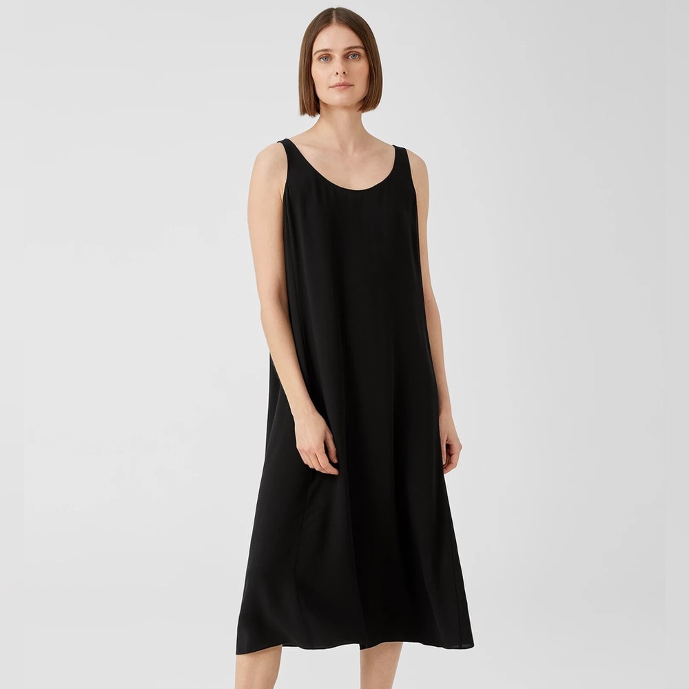 Eileen Fisher 100% Silk Black Sleeveless Maxi/Midi Dress M Minimalist Classic